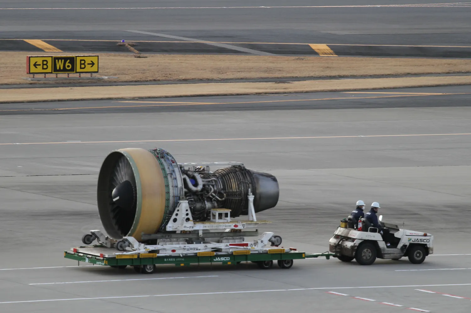 Aircraft engine on a dedicated transport stand at an airport