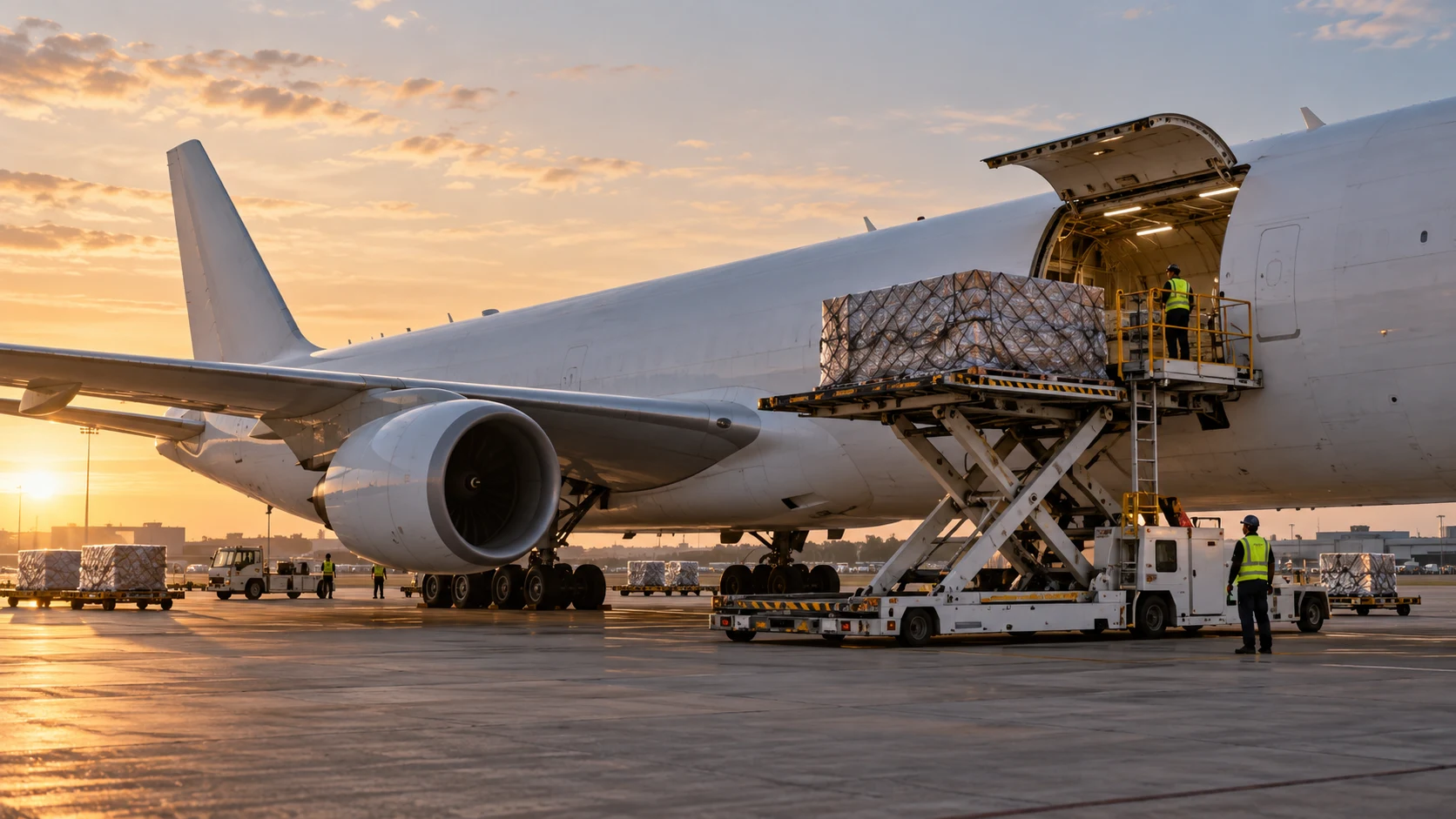 Cargo aircraft loading at sunset — illustrative image