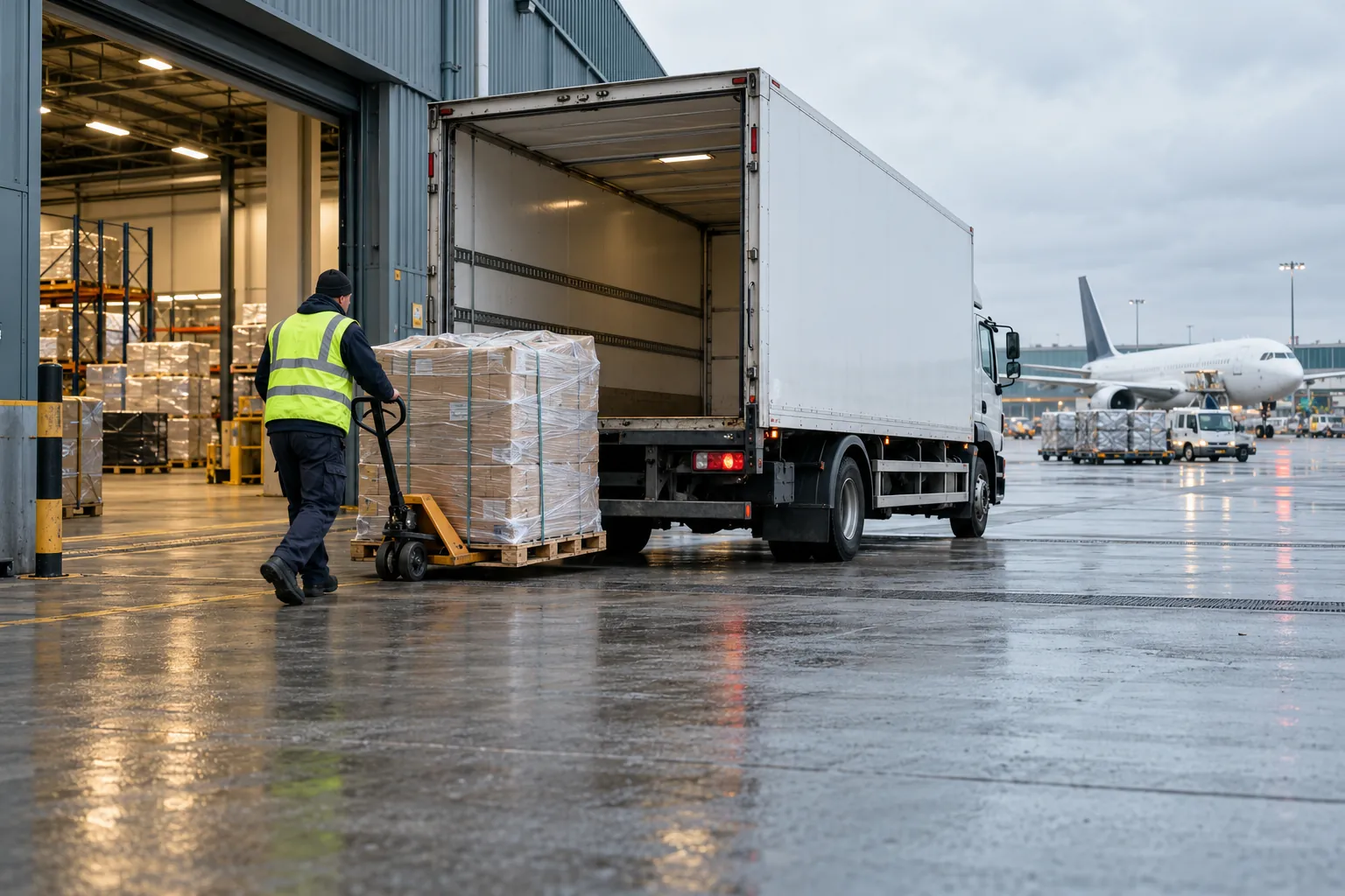 Illustrative cargo truck loading and airport delivery